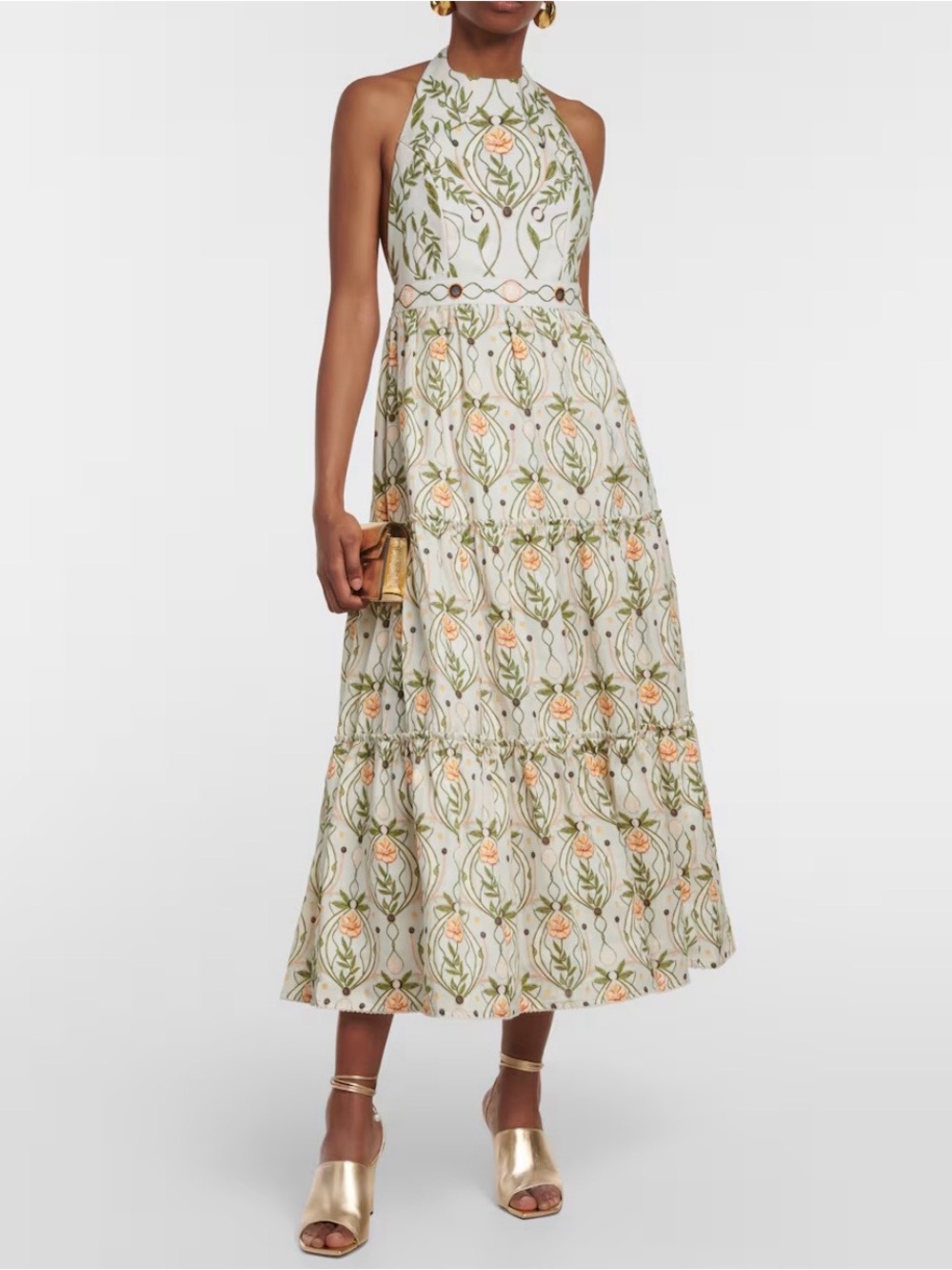 Agua Bendita Embroidered Halter Midi Dress in Cream, Green and Peach